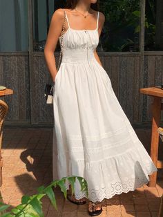 Embroidery Shift Shirred Long Dress White Long Maxi Dress, White Milkmaid Dress Long, Cute Dresses Long Casual, White Dress Sundress, Light Cotton Dress, White Cotton Sundress, Spain Dresses Fashion, White Linen Dresses For Women, White Italian Dress