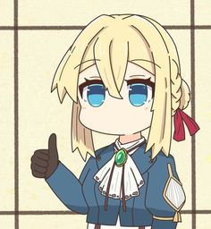 an anime character with blonde hair giving the thumbs up sign while standing in front of a tiled wall