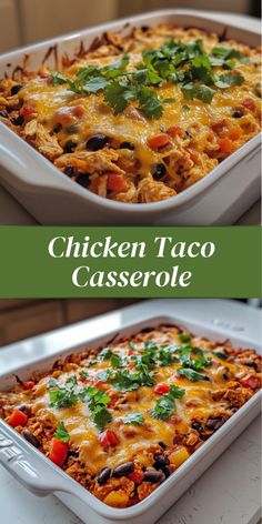 chicken taco casserole in a white baking dish