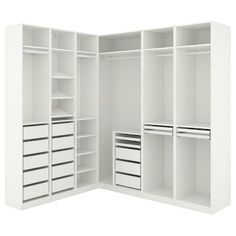 an open white closet with drawers and shelves on each side is shown in front of a white background