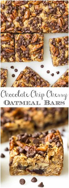 chocolate chip cherry oatmeal granola bars are stacked on top of each other