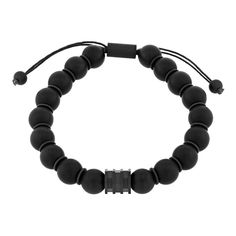 Stainless steel black ion-plated bolo bracelet with eighteen 10 millimeter onyx beads This 10.5 inch bracelet contains a unique sliding clasp which allows the bracelet to adjust easily and remain secure for an effortlessly stylish statement. Modern Adjustable Jewelry With Black Band, Adjustable Matte Black Modern Jewelry, Modern Matte Black Adjustable Jewelry, Modern Adjustable Black Jewelry, Modern Adjustable Black Beaded Jewelry, Adjustable Gunmetal Bracelet For Everyday, Adjustable Black Jewelry With 8mm Beads, Adjustable Round Onyx Beaded Bracelet, Adjustable Onyx Beaded Bracelet