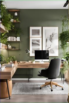 a home office with green walls and plants