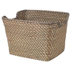 a brown basket that is sitting on a white surface with the handles down and it's bottom half covered in woven material