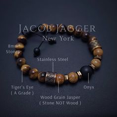 Tigers Eye & Woodgrain Jasper Tribal Style Bracelet for Men. Modern Design Adjustable W/ 8mm Beads and Rose Gold Stainless Steel Charms. - Etsy Mens Beads Bracelet, Men’s Bracelet Designs, Men Jewelry Aesthetic, Beaded Bracelets For Men, Mens Bracelet Fashion, Bracelet Business, Mens Bracelet Designs, Black Gift Bags, Man Jewelry