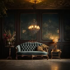 a blue couch sitting in front of a chandelier and two tables with flowers on them