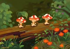 three little mushrooms sitting on a log in the woods