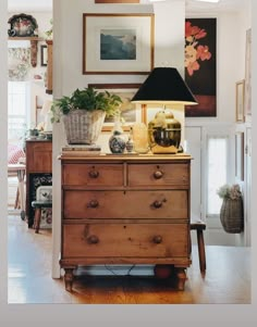 a cat sitting on the floor in front of a dresser with pictures hanging above it