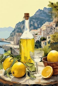 a painting of lemons and wine on a table with a view of the ocean