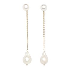 A medium-size freshwater pearl attached to a gold-dipped chain drop earring with a freshwater pearl.- Each item is handmade and unique, may have slight variations - Can be worn as a drop earring or as a stud earring. - Available as a single earring or pair. - Please allow 3-5 days for items to ship Minimalist Long Drop Earrings With Pearl Charm, Dangle Pearl Earrings With Adjustable Chain, Yellow Gold Long Drop Threader Earrings With Pearl Drop, Yellow Gold Threader Earrings With Pearl Drop, Minimalist Baroque Pearl Chain Earrings, Gold Long Drop Earrings With Pearl Pendant, 14k Gold Filled Drop Pearl Earrings With Pearl Pendant, 14k Gold-filled Pearl Drop Earrings With Pendant, Gold Long Drop Pearl Pendant Earrings