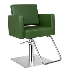 a green chair sitting on top of a metal base