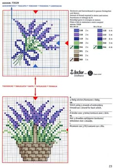 the cross stitch pattern shows how to make a basket with blue flowers