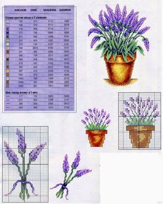 the cross stitch pattern is showing lavenders in potted plants and numbers on each side