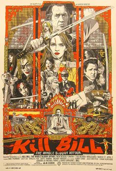 a movie poster for the film kill bill with characters in cages and blood on them