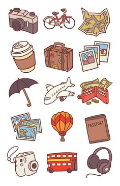 an image of various items that are on the white background, including luggage and other things