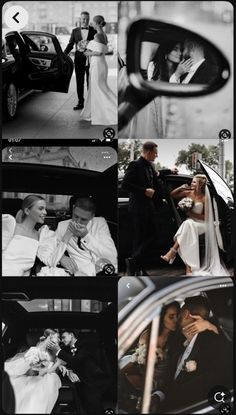 black and white photo collage with bride and groom getting out of the car together