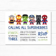 YOU WILL GET• Avengers Invitation and back design (5x7" JPG hi-res) with your favorite super heroes: Iron Man, Hulk, Captain America, Spider Man and more! • Leave the party information on the note's order during the checkout process and I will make the editing for you. Don't forget to include your email address. ORDERING DETAILS • Professional printed service available, just select on the second drop-down menu the quantity of your choice. This option will include: White envelopes, Double sided p Super Hero Birthday Party Invitations, Super Hero Birthday Invitation, Marvel Birthday Invitations, Super Hero 3rd Birthday, Avengers Invitation, Avengers Birthday Party, Spiderman Invitation, Marvel Birthday Party, Superhero Birthday Invitations