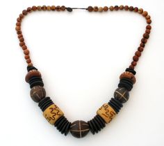 Chunky Wood Bead Necklace Hand Carved Vintage - The Jewelry Lady's Store Vintage Long Necklace With Wooden Beads, Brown Wooden Necklace With Large Beads, Vintage Brown Wooden Bead Necklaces, Vintage Brown Multi-strand Beaded Necklaces, Vintage Brown Hand-strung Beaded Necklace, Wood Bead Necklace, Wooden Jewelry, Brown Wood, Bead Necklace