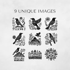 nine unique images with birds and flowers in black on a white background, including the words 9 unique images