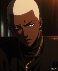 an animated image of a man with white hair and gold chains on his neck, staring at the camera