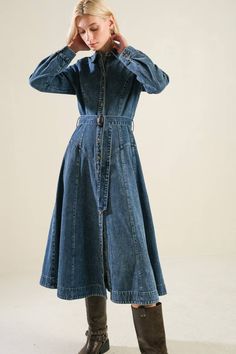 A washed denim midi dress featuring shirt collar, long sleeve, button down with self belt and full skirt 92% COTTON 8%POLYESTER Vintage Denim Dresses For Fall, Chic Washed Blue Denim Dress For Fall, Chic Washed Long Sleeve Denim Dress, Denim Blue Midi Dress For Fall, Knee-length Washed Blue Denim Dress For Fall, Fall Knee-length Washed Blue Denim Dress, Spring Denim Blue Buttoned Midi Dress, Spring Belted Denim Blue Denim Dress, Dark Wash Buttoned Dress For Fall