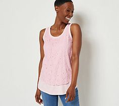 Upgrade the stylishness in your closet with this slub knit tank. It features a gorgeous lace overlay that gives it that extra oomph. Pair it with denims (long or short!) and your cutest flats for a pretty summertime 'fit. From Belle by Kim Gravel. Stretch Pointelle Knit Tank Top For Layering, Casual Scoop Neck Pointelle Knit Top, Casual Pointelle Knit Scoop Neck Top, Tank Knit Top For Layering, Summer Layering Tank Top With Pointelle Knit, Summer Pointelle Knit Tank Top For Layering, Summer Tank Top For Layering In Pointelle Knit, Casual Lace Top For Layering, Spring Layering Stretch Crochet Top