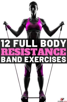 a woman standing on top of a pair of skis with the words, 12 full body resistance band exercises