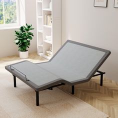 an adjustable bed frame in the corner of a room with a potted plant and bookshelf