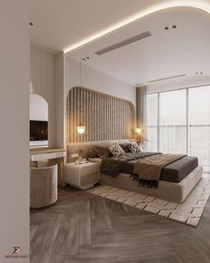 a modern bedroom with wood flooring and white walls, along with a large bed