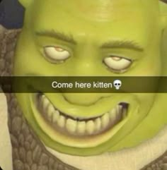 an image of a green man smiling with the caption'come here kittenen '