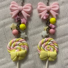 Lollipop Candy Pop Pink Yellow White Pastel Rainbow Colors Baby Shower Gift Birthday Present Swirl Candy Pop Traditional Classic Nostalgia Barbie Gingham Beach Party Dream House Doll Heart Measuring 3-1/2 Inches Polymer Clay Pop Charm Pink Pale Rose Bead Bumpy Beads Earrings Can Be Clip On, Hypoallergenic Or Sterling Silver Upon Request At An Additional Charge Playful Yellow Dangle Earrings, Polymer Candy, Halfling Bard, Candy Hair Clips, Barbie Bow, Pastel Rainbow Colors, Funky Accessories, Random Products, Candy Hair