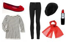 some clothes and accessories are laid out on a white surface, including shoes, lipstick, hair brush, scarf, hat, and purse