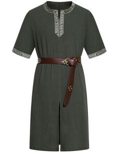 a woman wearing a green dress with a brown belt and white lace trimmings