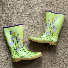 Ladies Corky’s Size 9 Hand Painted Rain Boots. Never Worn! Casual Yellow Rain Boots For Spring, Green Rain Boots With Round Toe For Spring, Spring Rain Boots With Round Toe, Spring Round Toe Rain Boots, Casual Spring Rain Boots With Round Toe, Casual Round Toe Rain Boots For Spring, Yellow Round Toe Rain Boots For Spring, Thrifting Ideas, Cute Rain Boots