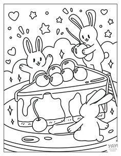 an easter cake with bunnies on it and two rabbits in the background coloring page