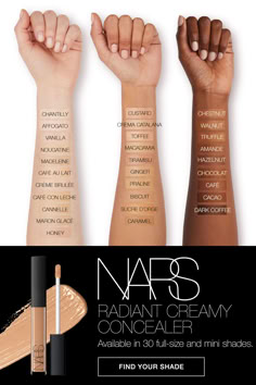 Brightens. Corrects. Perfects. All day long. NARS Radiant Creamy Concealer delivers 16 hour wear with a luxurious texture and luminous finish. Enriched with multi-action skincare benefits, it instantly obscures imperfections and diminishes fine lines and signs of fatigue. Available in 30 shades. Nars Radiant, Drugstore Concealer, Radiant Creamy Concealer, Nars Radiant Creamy Concealer, Makeup For Black Skin, Face Makeup Tips, Different Skin Tones, Creamy Concealer, Makeup Essentials