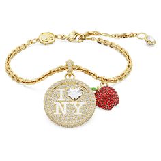 Show your love for New York City with this radiant gold-tone plated bracelet. The inspired design features a delicate chain with an ‘I LOVE NY’ motif, beautifully brought to life by a pavé of clear crystals and a heart-shaped stone. Extra details include a lobster closure, a flat apple motif, and a single Swarovski Zirconia at the end of the elongation. Exclusively available online in the USA and from select NY stores. Pretty Jewellery Gold, Evil Eye Jewelry Bracelet, Etsy Bracelets, Gold Bracelets Stacked, Dope Jewelry Accessories, Urban Jewelry, I Love Ny, Dope Jewelry, Red Jewelry