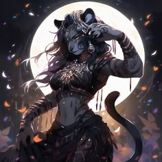 a woman dressed up as a cat in front of a full moon with her hands on her head