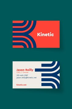 a business card designed to look like an abstract design with blue and red stripes on it