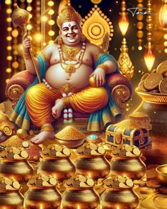 the god is sitting in front of many gold pots and bowls with coins around him