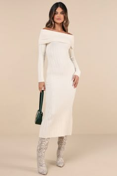 Long Sleeve Maxi Sweater Dress, Cream Off Shoulder Dress, Cream Baby Shower Dress, Bridal Shower Outfit For Bride Winter, Proposal Outfits For Her Winter, Winter Engagement Photos Outfits Dresses, Casual Bridal Shower Outfit For Bride, Winter Bachelorette Outfit, Winter Bridal Shower Outfit For Bride