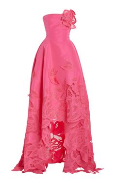 Strapless Threadwork Cut Out Roses Hi Low Gown By Oscar De La Renta | Moda Operandi 1900 Dresses, Colourful Closet, Hi Low Gown, Pink Gown, Unique Prom Dresses, Pink Gowns, Prom Dress Inspiration, Floral Dresses Long, Pretty Prom Dresses