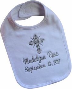 Personalized and Embroidered Christening Keepsake Bib by Funny Girl Designs. Made of 100% ringspun and combed cotton, with an interlock knit that is ultra-soft 5 Colors Available Word Ideas, Personalized Bibs, Baby Dedication, Embroidered Name, Funny Girl, Trim Color, Baby Skin, Embroidery Ideas