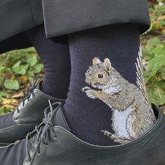 MADE IN USA Well, these SQUIRREL socks were a long time coming! I've been wanting to design them for a while, and it took a long time to get the pattern just right (and knitable), but the resulting socks make me smile (and I hope make you smile as well)! When I showed a sample to my grandmother, she said "It looks like a kind squirrel," and that was exactly what I was going for! The squirrel on the left is sweetly eating a nut, and the one on the right is poised for action! 81% cotton, 16% nylon Goblin Girl, Gnome Witch, Folk Punk, Fox Socks, To My Grandmother, Socks Aesthetic, Shoes And Socks, Squirrel Girl, Sock Outfits