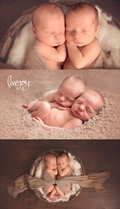 two newborn babies are cuddling in a basket