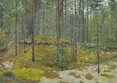 a painting of trees and grass in the woods