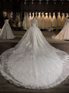 a wedding dress is displayed in front of other gowns