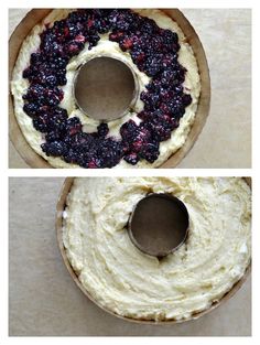 three images show different stages of making a doughnut with blueberries and cream cheese