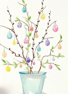 a watercolor painting of an easter tree in a vase