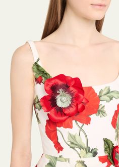 Oscar de la Renta Poppies-Print Flower-Applique Scoop-Neck Sleeveless Midi Dress Poppy Print, Scoop Neck Dress, Print Flower, Sleeveless Midi Dress, Outfit Design, Ethnic Dress, Flower Applique, Theme Wedding, White Midi Dress